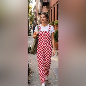 Red & White Checkered Cotton Blend Overalls -Size L- Vintage Inspired Streetwear